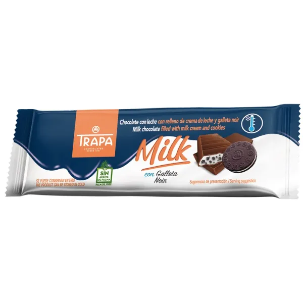 Snack de chocolate TRAPAMILK relleno de crema de leche y galleta noir - 35 g. Producto para niños